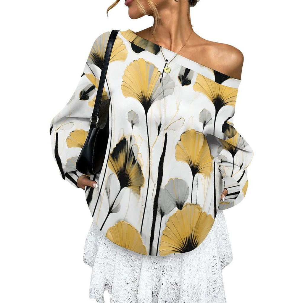 Golden Ginkgo Women's Off-shoulder Long Sleeve Sweatshirt