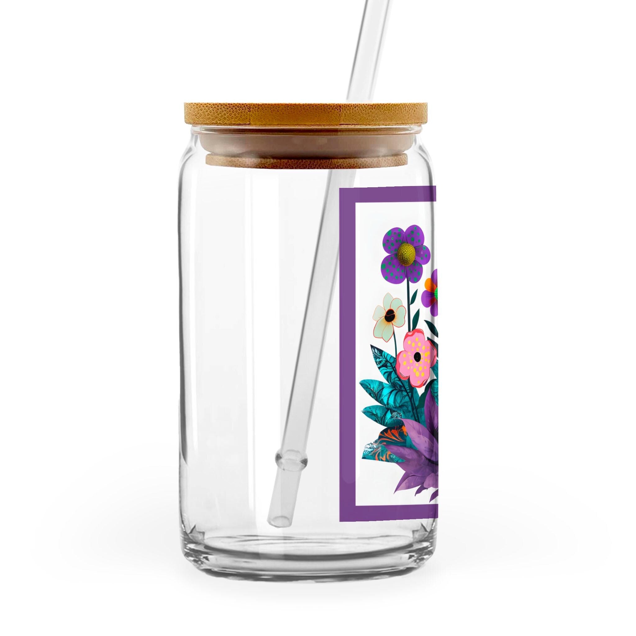Abstract Purple Garden - 16oz Glass Can with Bamboo Lid & Straw