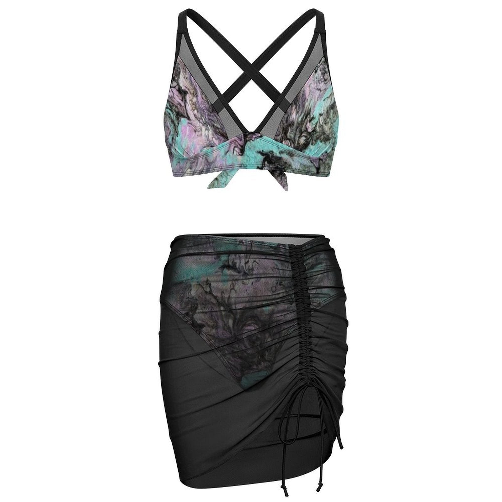 Turquoise Splash - Design Women's Mesh Drawstring Skirt and Swimsuit Set