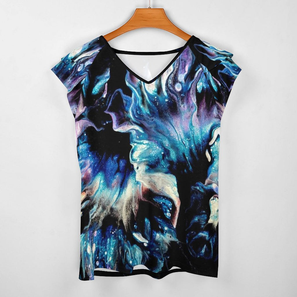 Teal Delight Women's Ruffle Sleeve V-Neck T-Shirt