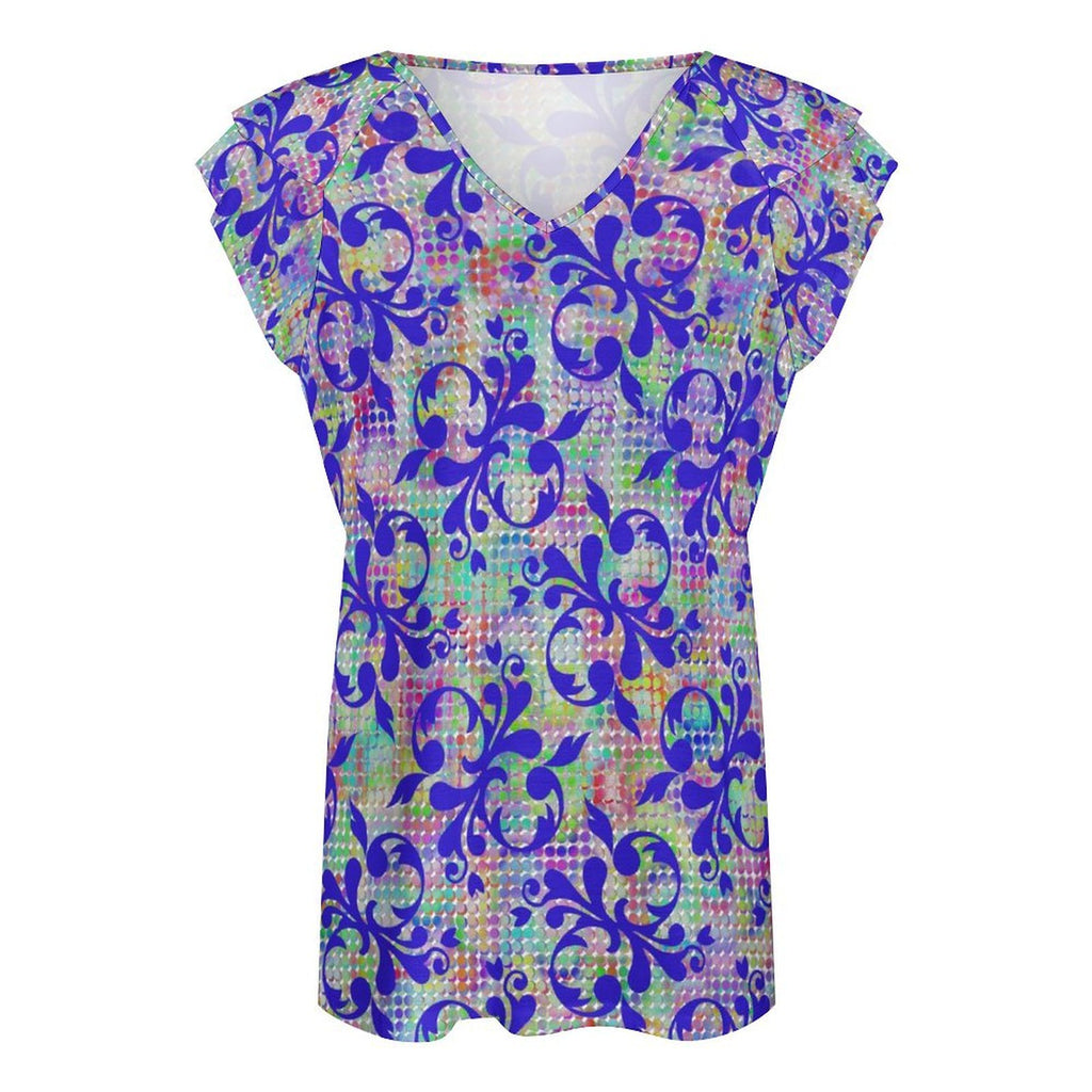 Fancy Filigree Women's Ruffle Sleeve V-Neck T-Shirt