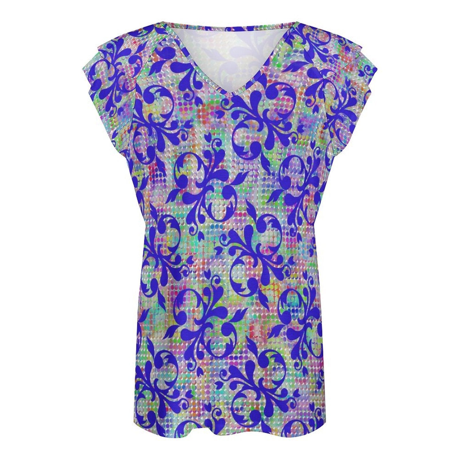 Fancy Filigree Women's Ruffle Sleeve V-Neck T-Shirt