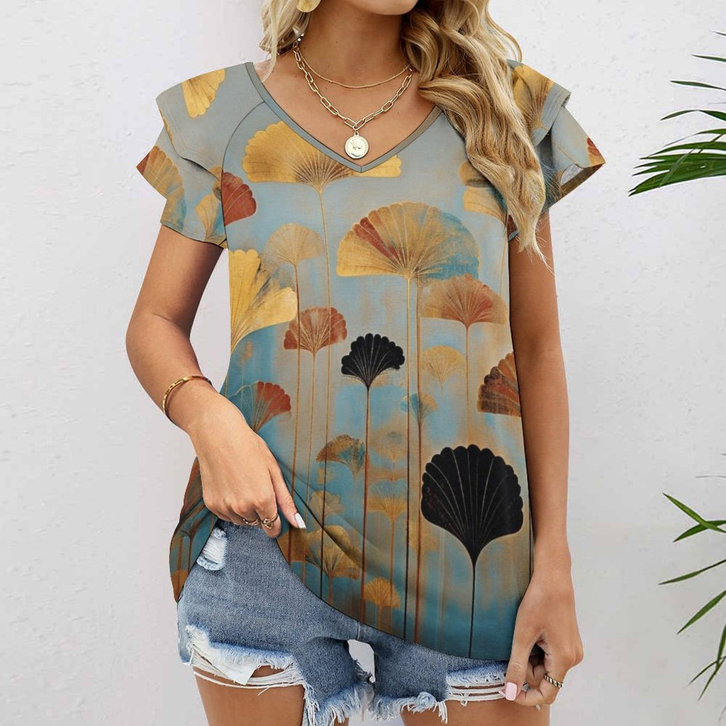 Fan-tasy Women's Ruffle Sleeve V-Neck T-Shirt