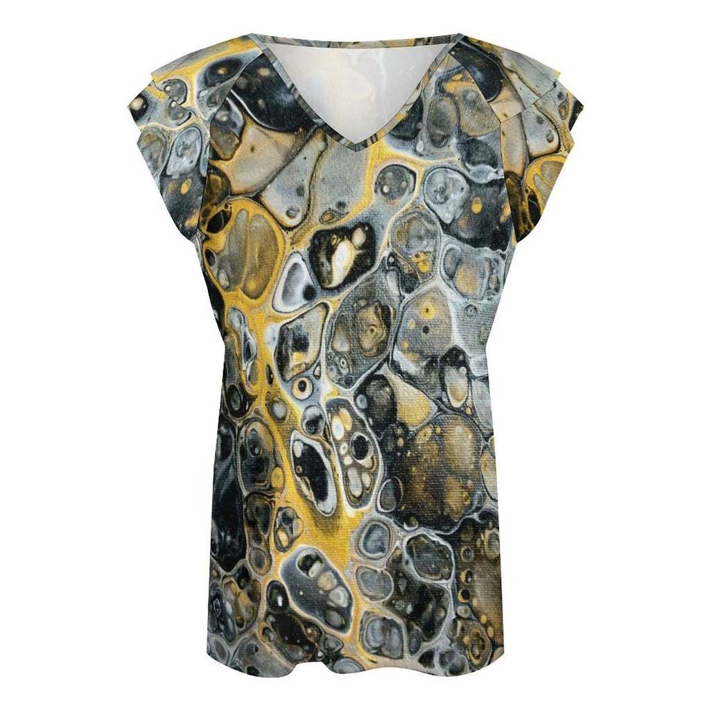 Stone Art Women's Ruffle Sleeve V-Neck T-Shirt