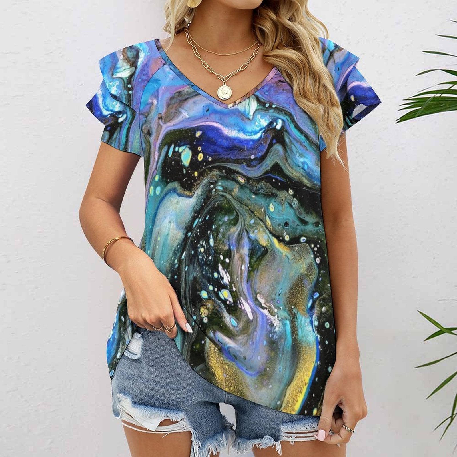 The Face Women's Ruffle Sleeve V-Neck T-Shirt